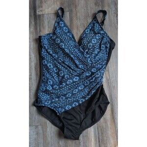 MiracleSuit Black and Blue Faux Wrap Women's 14 Swimsuit One Piece Flattering